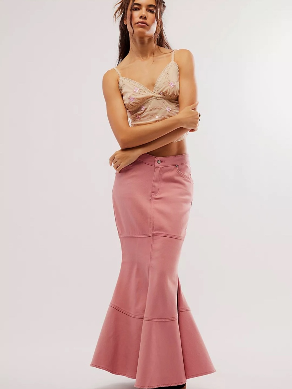 NWT House of Sunny Amour Tulip Blush Pink Denim Fishtail Maxi Mermaid Skirt US 6